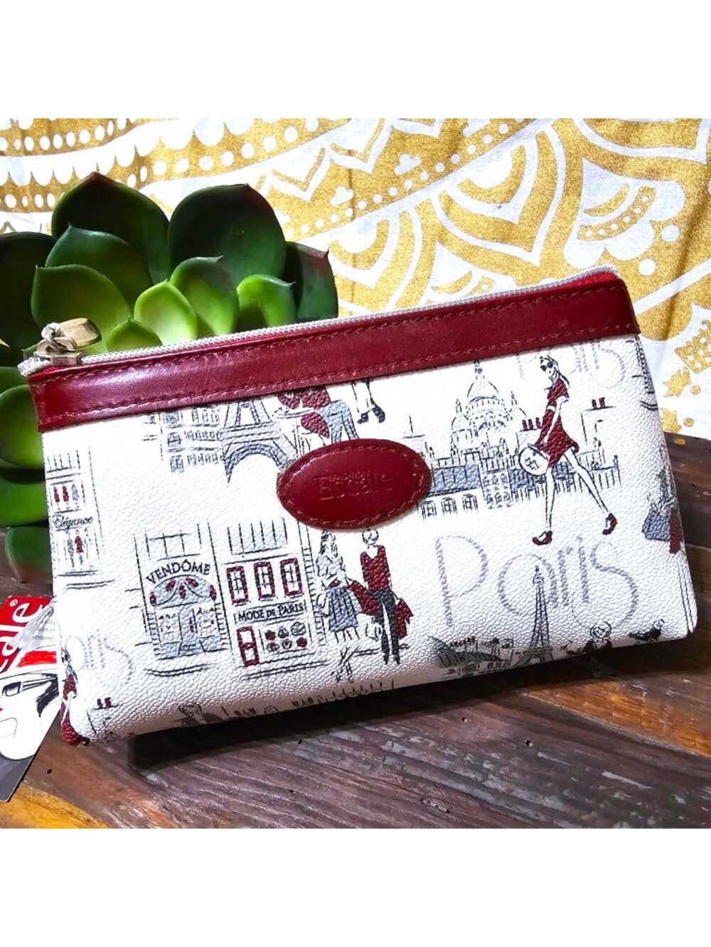 Fashion Escale, French Boutique Paris Print Clutch Burgundy Genuine Leather Trim